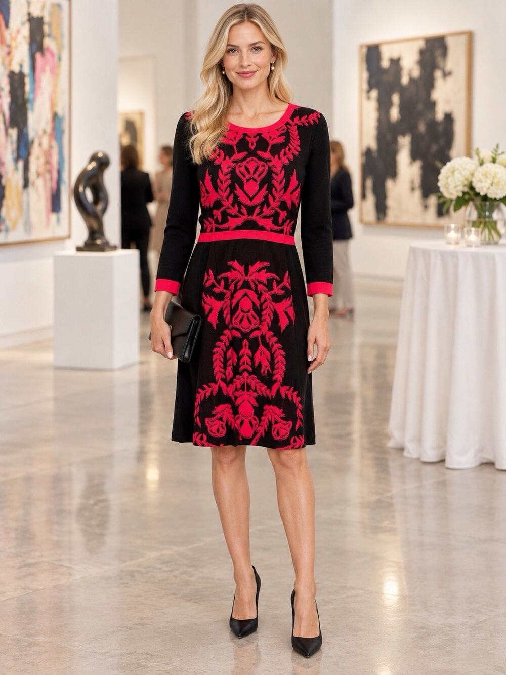 Misook Black & Red Crew Neckline Floral Damask Shift Sweater Dress Size Small